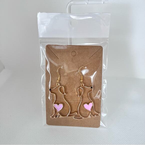 Dog Shape Drop Dangle Gold Tone Earrings Pink Heart Design Novelty Gift - Picture 5 of 5